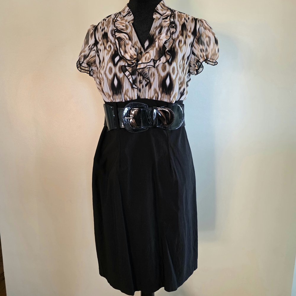 Dressbarn Black-Tan Midi Dress with Patterned Top‎